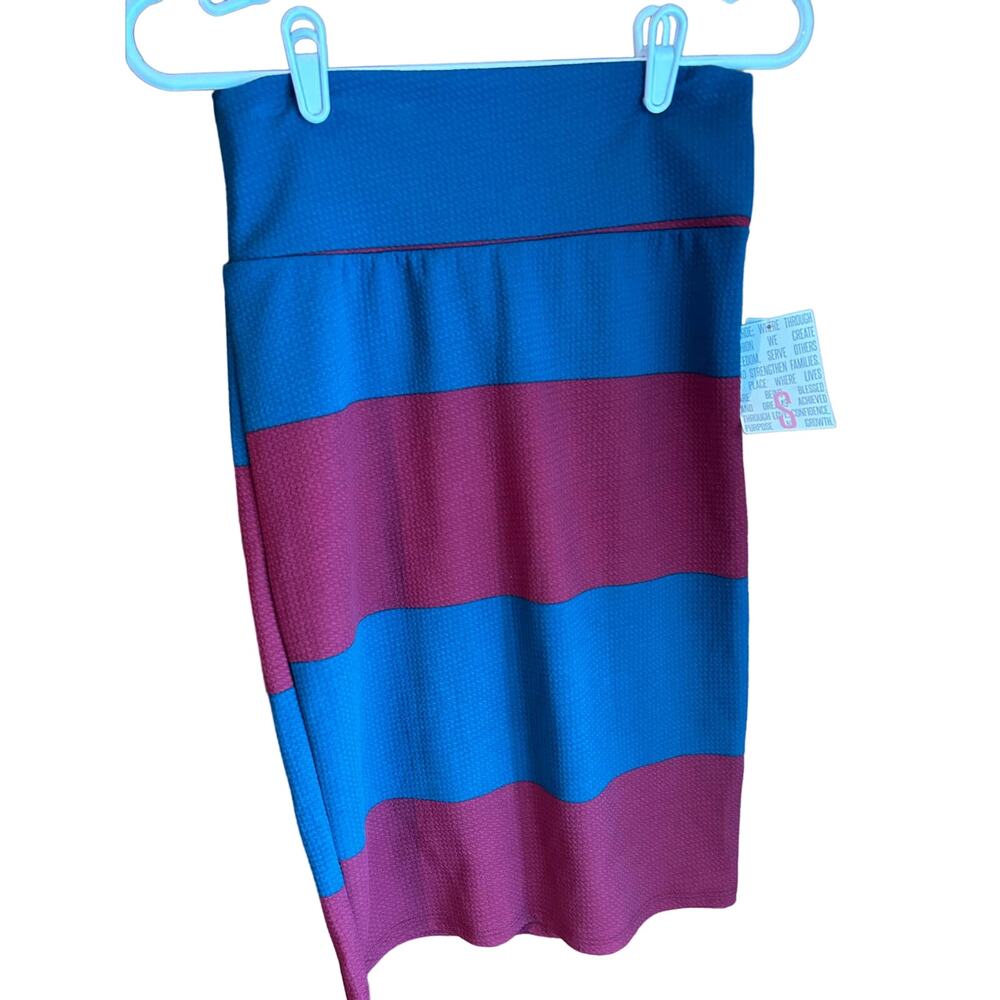 LuLaRoe CASSIE Pencil Skirt S Color Block Blue Maroon Red Stripe